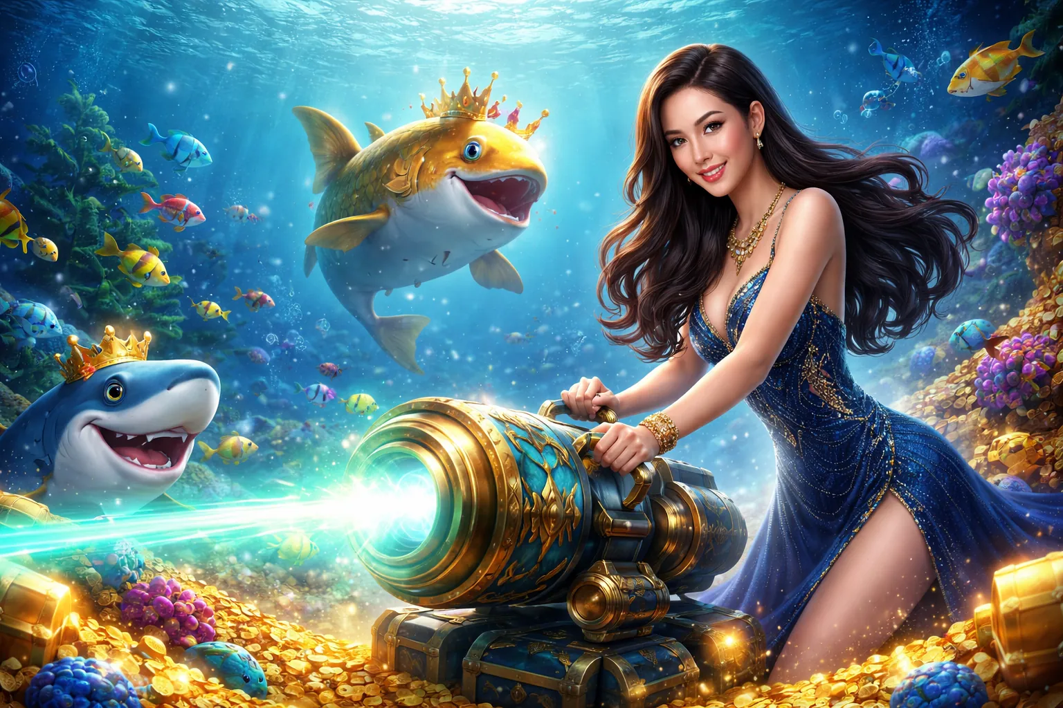 Hình ảnh chính về nâng cấp tiền vàng và tháp pháo trong Bắn Cá Hải Vương